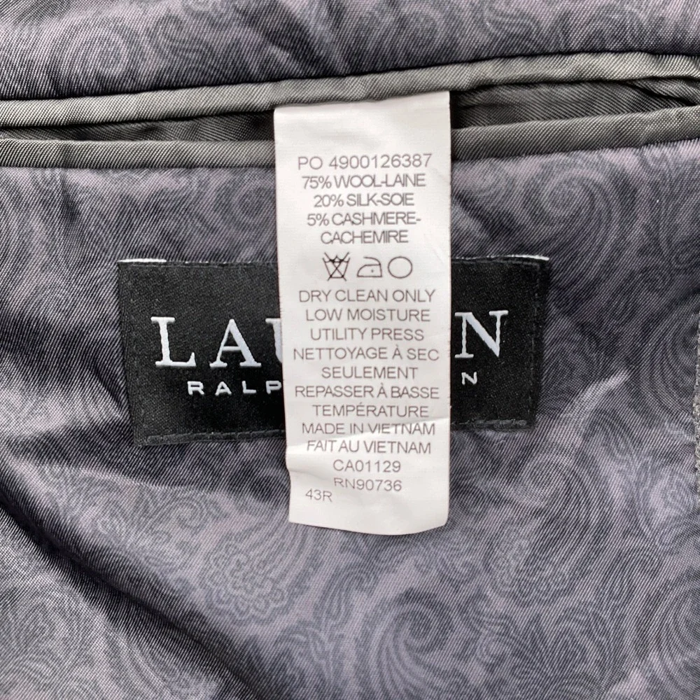 Lauren Ralph Lauren Blazer Mens 43R Charcoal Gray‎ Wool Silk Cashmere Jacket